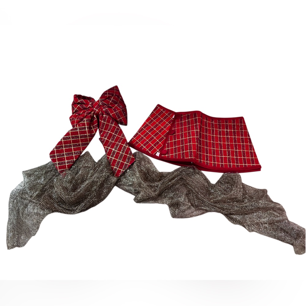 Red Plaid Bow tree topper tree skirt  and gold Scarf Set